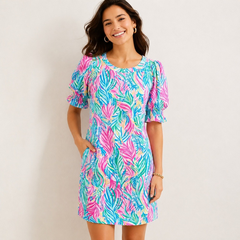 Lilly Pulitzer Adley Shift Dress Womens M Pink Green Tropical Palm Puff Sleeve